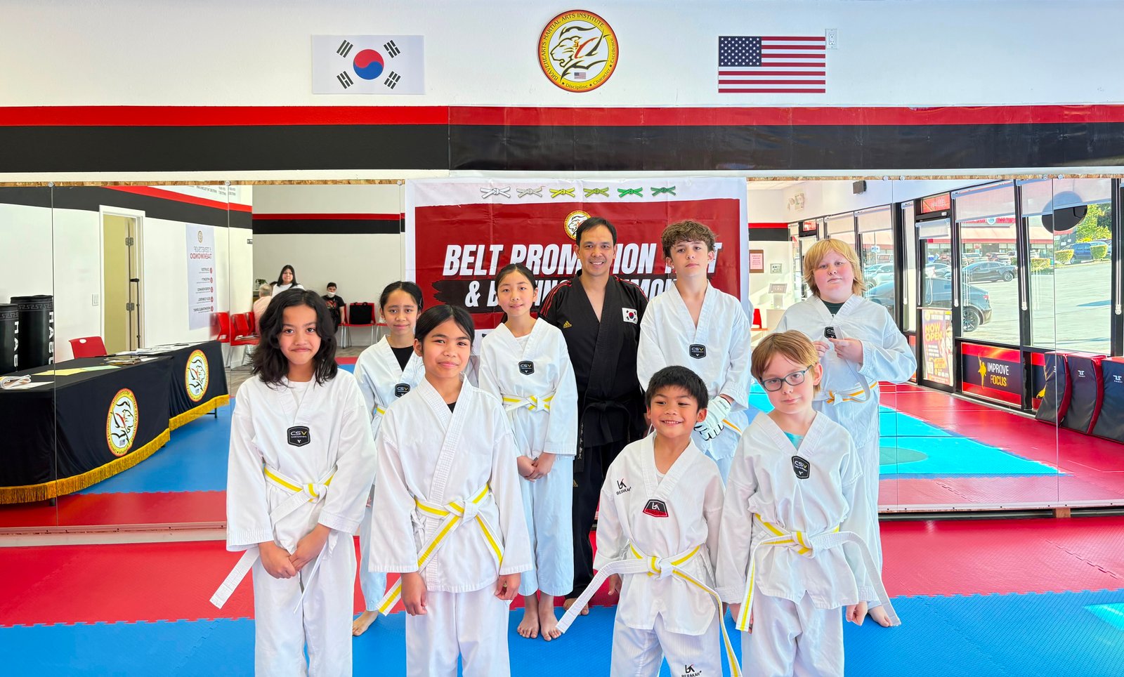 Group of kids training in Taekwondo class at Bravehearts Martial Arts Institute in Silverdale, WA